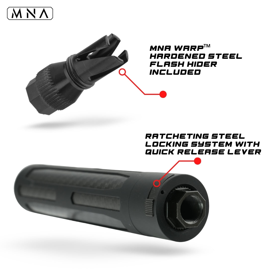 MNA illusion carbon fiber airsoft suppressor with quick detach QD system. Aluminum QD mock suppressor for airsoft guns from minnesota airsoft. Warp steel metal flash hider for illusion airsoft silencer.