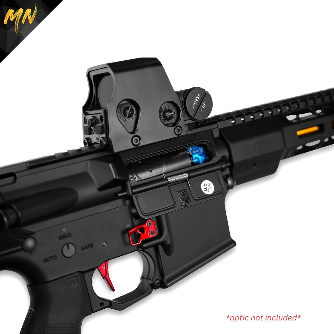custom hpa airsoft m4 rifle close up of full metal upgraded HPA polarstar airsoft rifle. The best upgraded pre-built DMR airsoft rifle with a polarstar fusion engine and MAXX hop up.