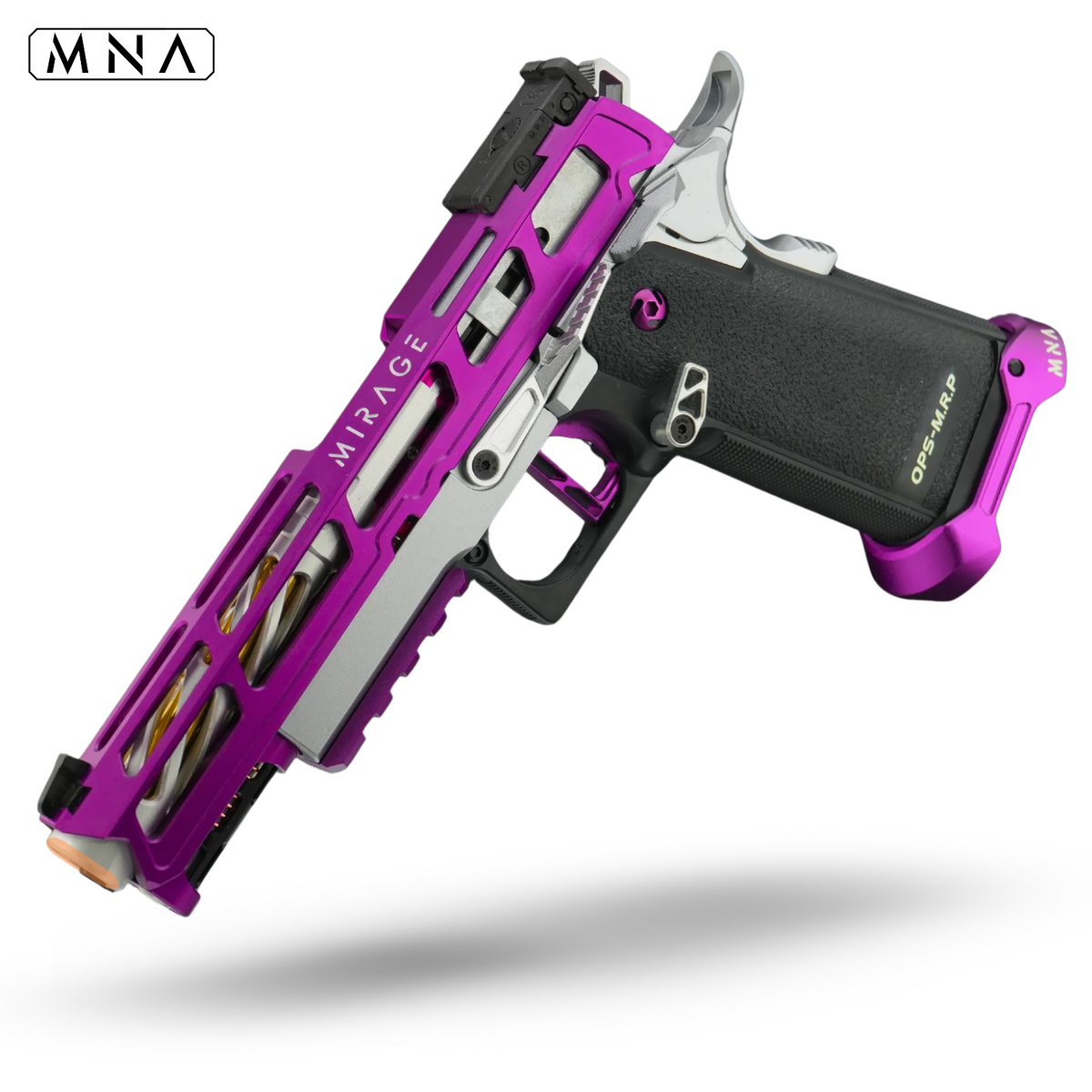 custom upgraded purple and silver tokyo marui hi capa. MN Airsoft mirage slide CNC aluminum custom upgraded best speedqb airsoft gas blowback pistol.