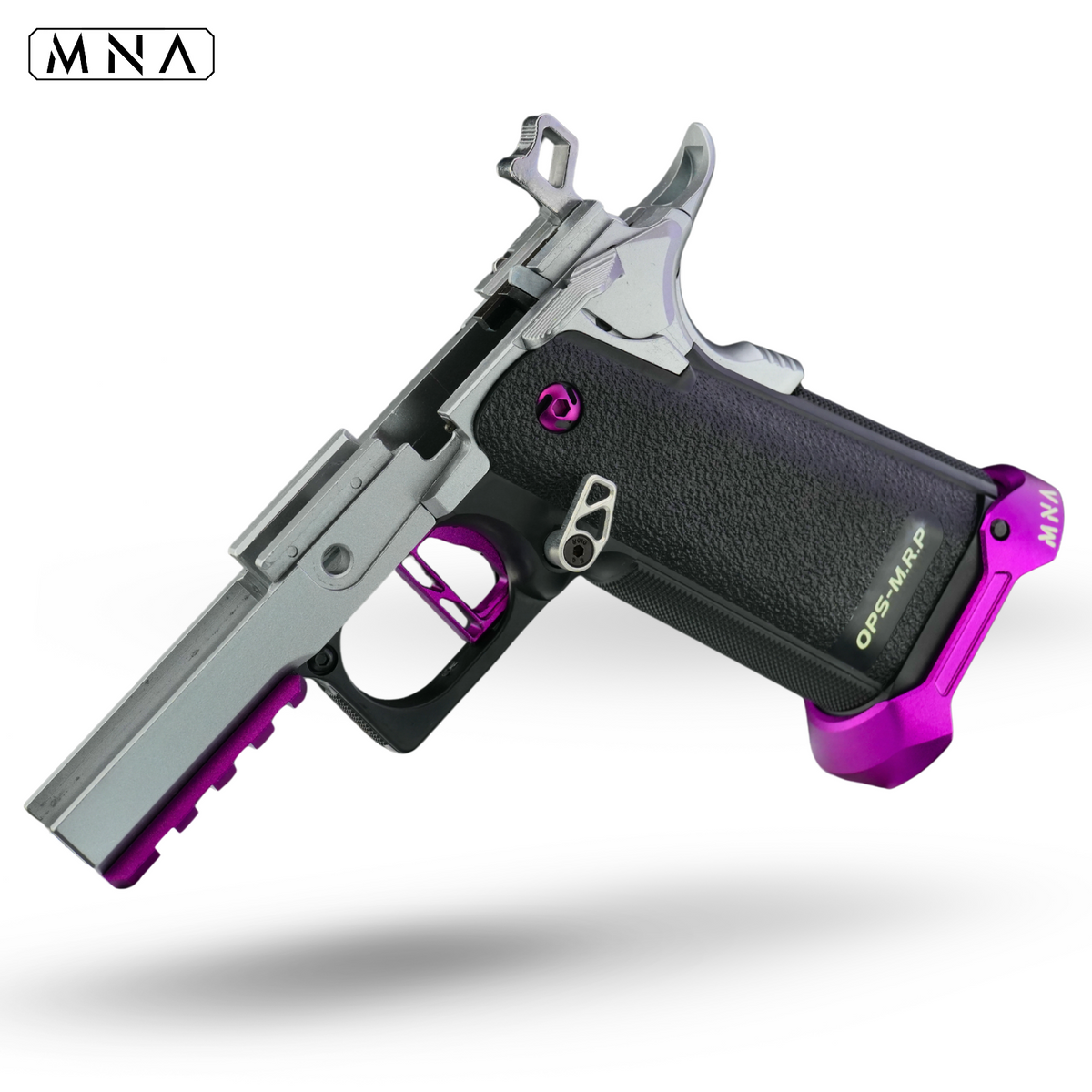 custom upgraded purple and silver tokyo marui hi capa. MN Airsoft mirage slide CNC aluminum custom upgraded best speedqb airsoft gas blowback pistol. white color fill inlay in grip.