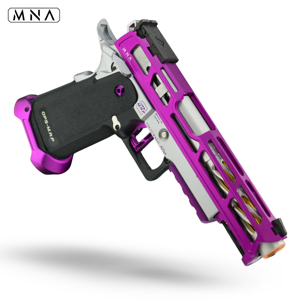 custom upgraded purple and silver tokyo marui hi capa. MN Airsoft mirage slide CNC aluminum custom upgraded best speedqb airsoft gas blowback pistol. Skeletonized trigger and magwell and barrel for hicapa.