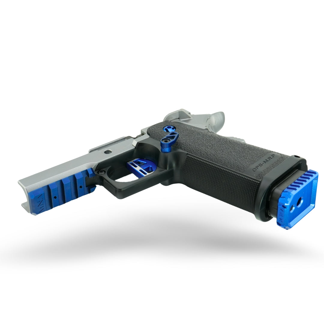 Custom Tokyo Marui Hi-Capa 5.1 airsoft gas blowback handgun in deep blue, jet black, and chrome silver finish, upgraded for maximum FPS consistency, rapid cycling speed, and competitive airsoft gameplay.