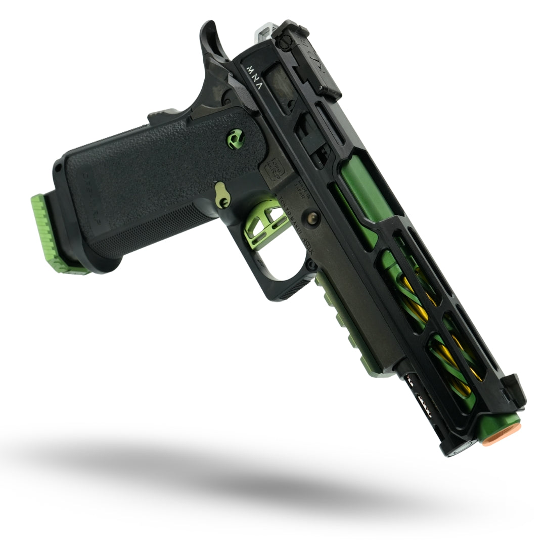 Minnesota Airsoft fully upgraded Tokyo Marui Hi-Capa green and black GBB pistol with skeletonized slide, precision inner barrel, high-flow gas valve, fiber optic front sight, and tuned performance for speedsoft tournaments.