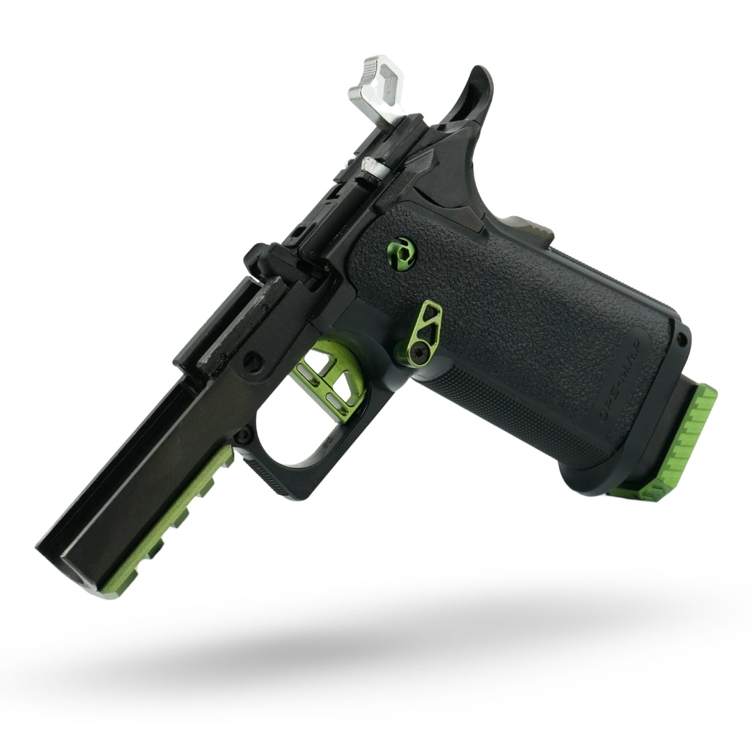 Minnesota Airsoft premium custom Tokyo Marui Hi-Capa gas blowback pistol in metallic green and jet black with silver highlights, short stroke kit, upgraded nozzle return spring, and precision hop-up for accuracy.