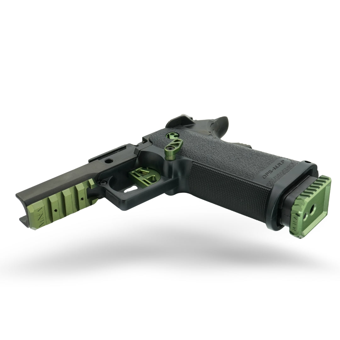 MNA competition-grade green and black custom Tokyo Marui Hi-Capa 5.1 airsoft pistol with skeletonized outer barrel, enhanced recoil system, stippled pistol grip, and CNC-milled slide for fast cycling and reliable performance.