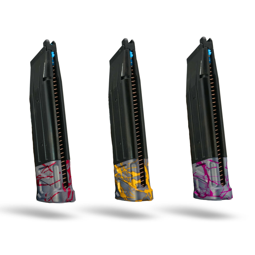 MNA project shatter custom anodized tokyo marui hi capa airsoft gas pistol. upgraded hicapa pistol for airsoft with red, purple, and gold anodizing for the best gas hi capa airsoft gun. magazine extensions and extended magazine green gas for airsoft pistols.