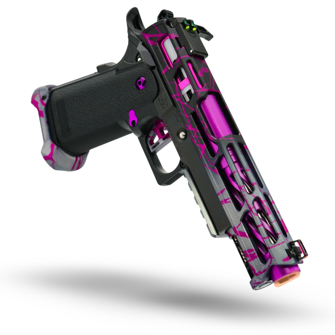 MNA project shatter custom anodized tokyo marui hi capa airsoft gas pistol. upgraded hicapa pistol for airsoft with red, purple, and gold anodizing for the best gas hi capa airsoft gun. skeletonized spiral outer barrel threaded for hicapa.