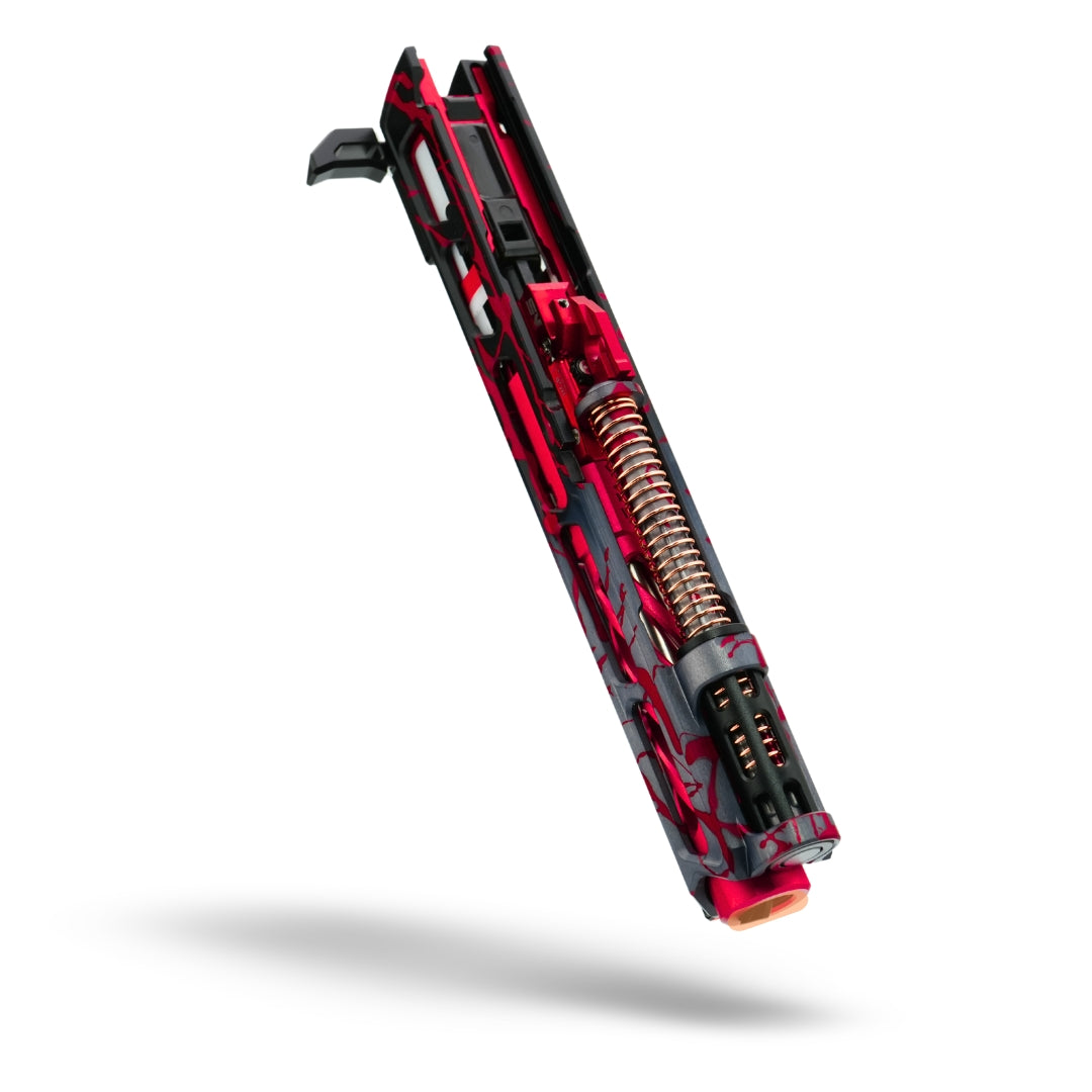 MNA project shatter custom anodized tokyo marui hi capa airsoft gas pistol. upgraded hicapa pistol for airsoft with red, purple, and gold anodizing for the best gas hi capa airsoft gun. guide rod and recoil spring and CNC hop up unit.