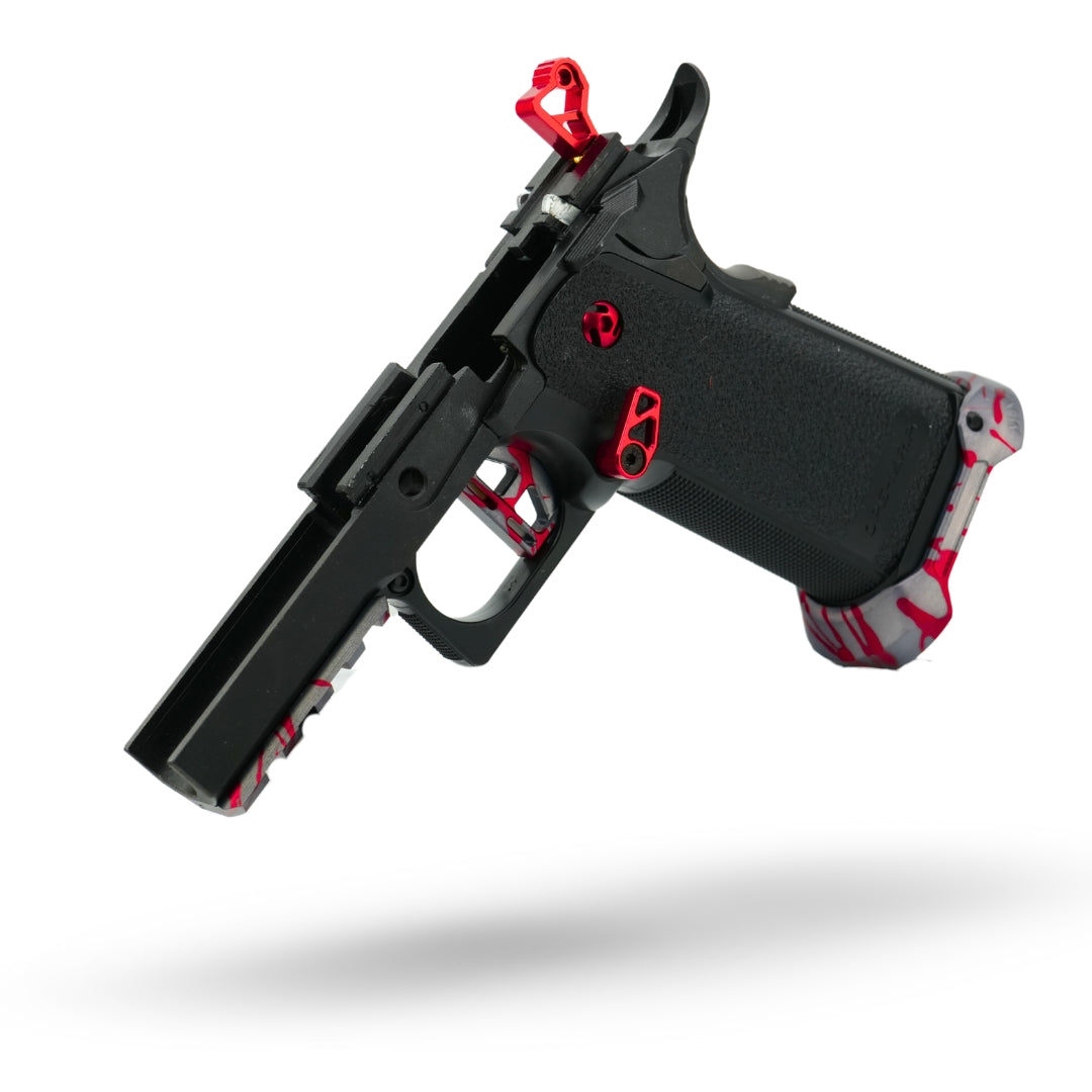 MNA project shatter custom anodized tokyo marui hi capa airsoft gas pistol. upgraded hicapa pistol for airsoft with red, purple, and gold anodizing for the best gas hi capa airsoft gun. hi capa grip and hammer and magazine release.
