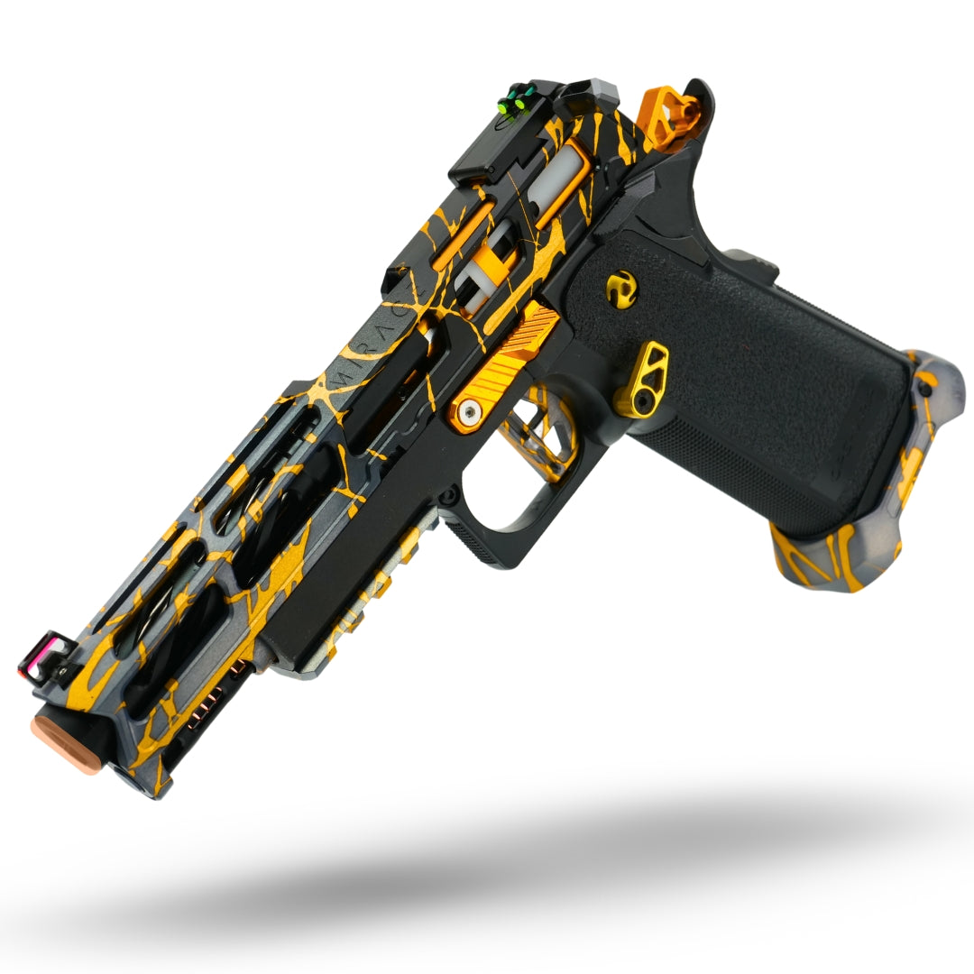 MNA project shatter custom anodized tokyo marui hi capa airsoft gas pistol. upgraded hicapa pistol for airsoft with red, purple, and gold anodizing for the best gas hi capa airsoft gun. gold custom hicapa anodizing slide mirage.