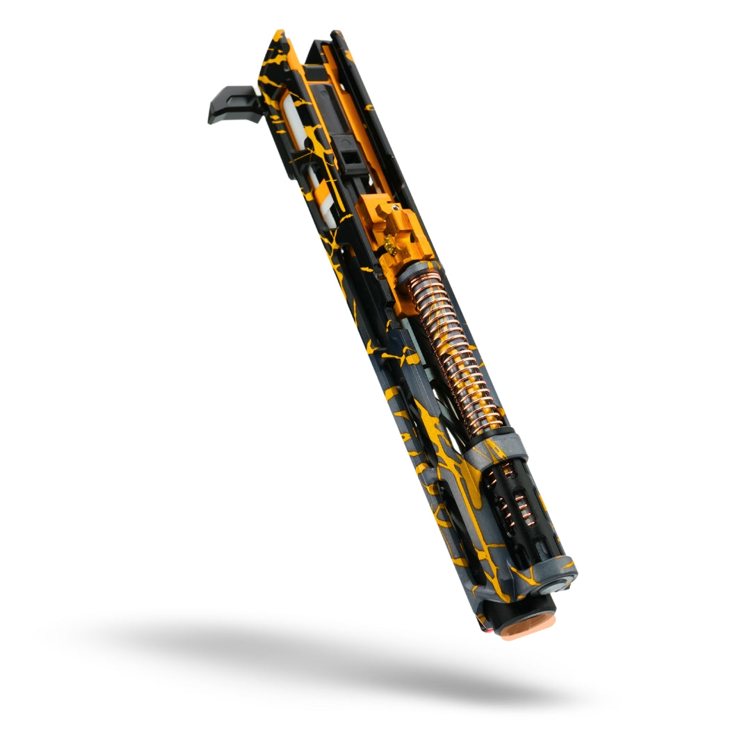 MNA project shatter custom anodized tokyo marui hi capa airsoft gas pistol. upgraded hicapa pistol for airsoft with red, purple, and gold anodizing for the best gas hi capa airsoft gun. gold hop up unit airsoft gun.