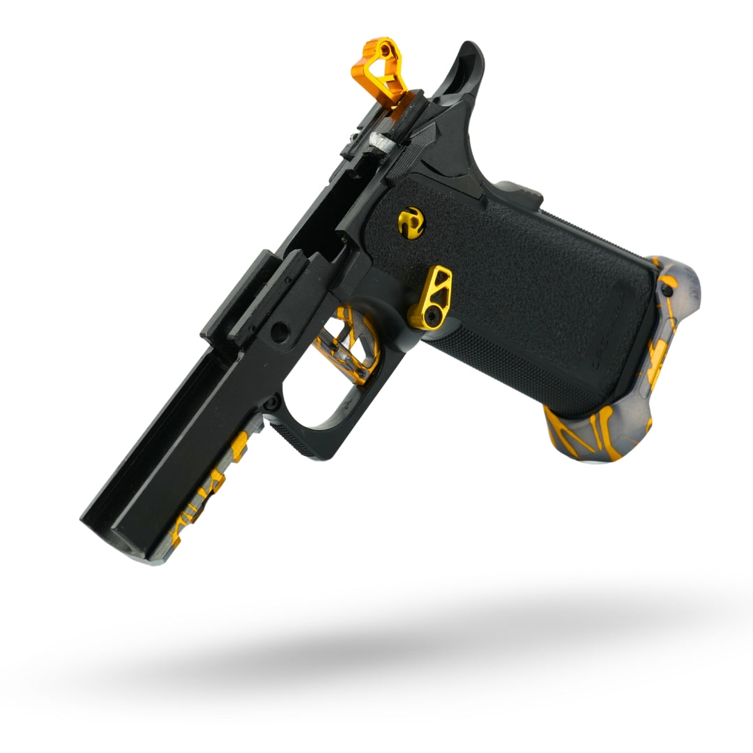 MNA project shatter custom anodized tokyo marui hi capa airsoft gas pistol. upgraded hicapa pistol for airsoft with red, purple, and gold anodizing for the best gas hi capa airsoft gun. skeletonized hi capa magazine release.
