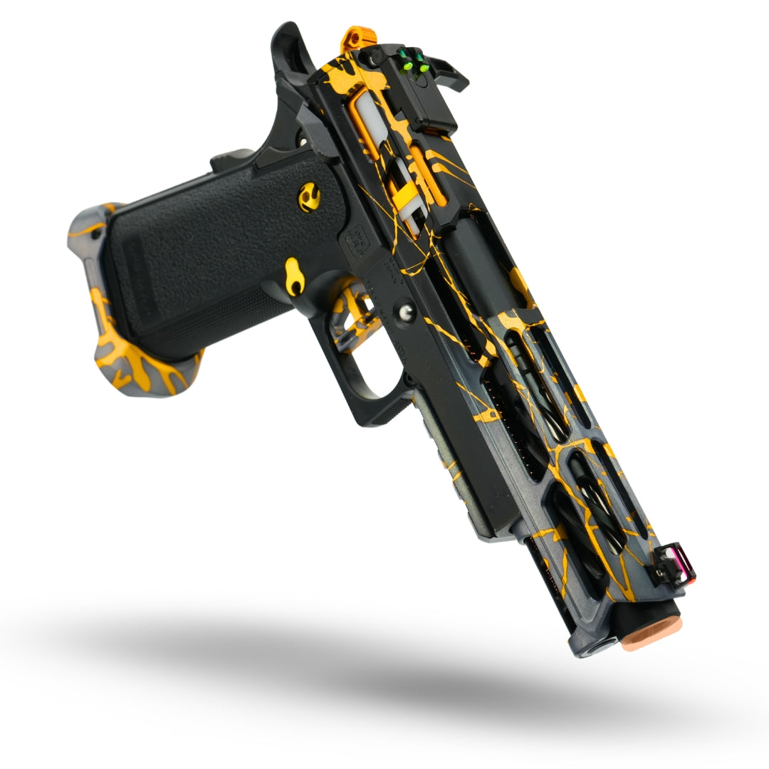 MNA project shatter custom anodized tokyo marui hi capa airsoft gas pistol. upgraded hicapa pistol for airsoft with red, purple, and gold anodizing for the best gas hi capa airsoft gun. torque black outer barrel for hi capa gas pistol airsoft.