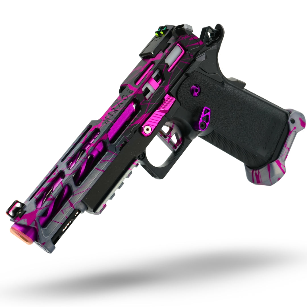 MNA project shatter custom anodized tokyo marui hi capa airsoft gas pistol. upgraded hicapa pistol for airsoft with red, purple, and gold anodizing for the best gas hi capa airsoft gun. Purple mirage slide with fiber optic sights.
