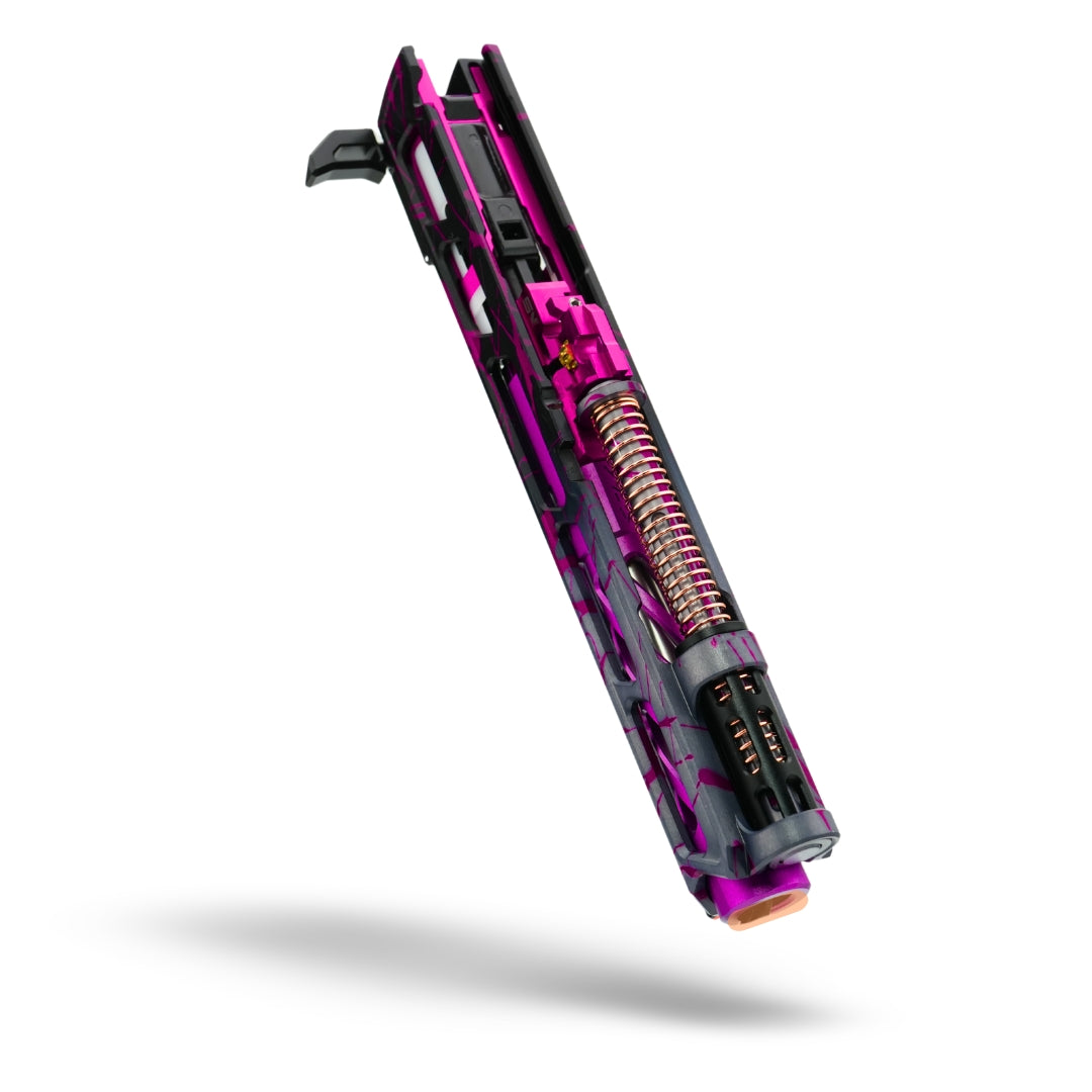 MNA project shatter custom anodized tokyo marui hi capa airsoft gas pistol. upgraded hicapa pistol for airsoft with red, purple, and gold anodizing for the best gas hi capa airsoft gun. purple blowback unit with removable charging handle and TDC hop up unit.