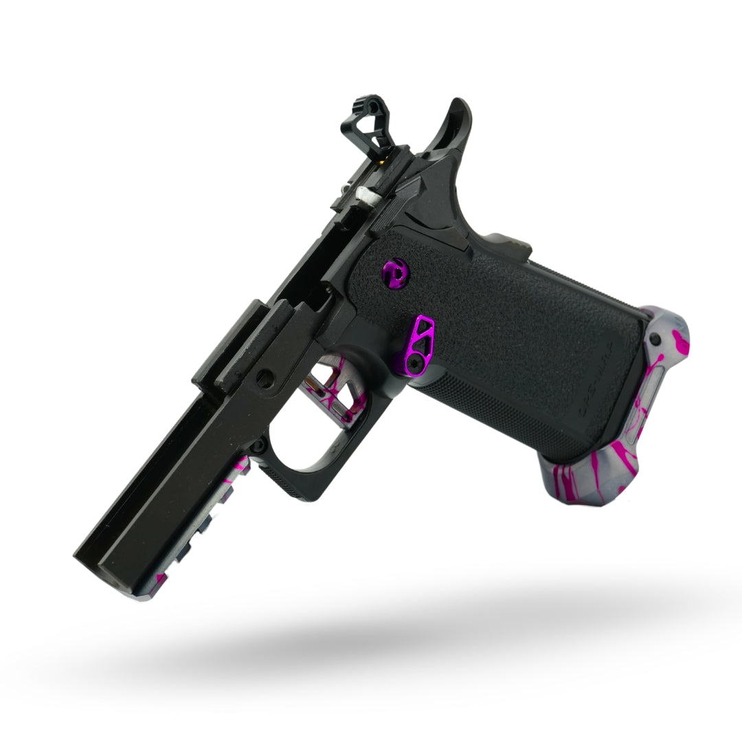 MNA project shatter custom anodized tokyo marui hi capa airsoft gas pistol. upgraded hicapa pistol for airsoft with red, purple, and gold anodizing for the best gas hi capa airsoft gun. Skeletonized trigger for hi capa airsoft pistol.