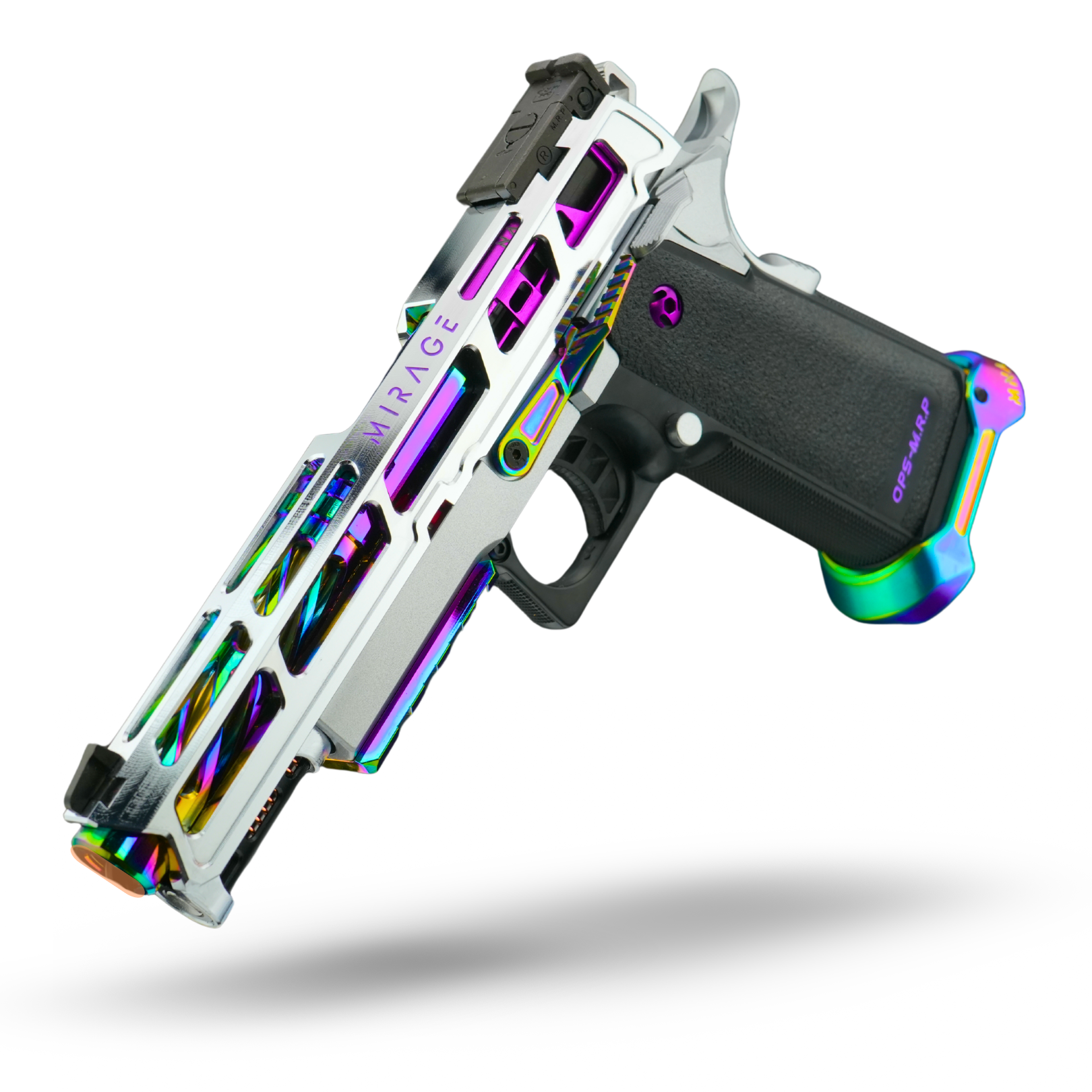 minnesota airsoft custom hicapa airsoft pistol MNA project Bifrost chrome silver and glosys rainbow custom build. 2026 new rainbow purple and silver hi capa for tokyo marui upgrades. side view of aluminum CNC slide. Mirage aluminum slide.