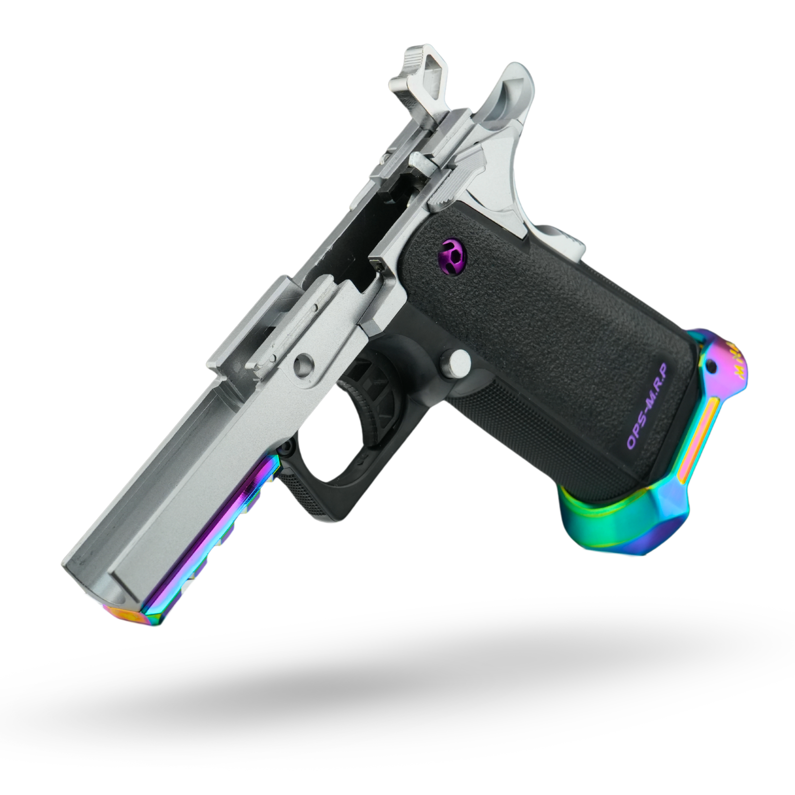 minnesota airsoft custom hicapa airsoft pistol MNA project Bifrost chrome silver and glosys rainbow custom build. 2026 new rainbow purple and silver hi capa for tokyo marui upgrades. side view of grip with colorfill inlay and grip screws and silver hicapa frame.