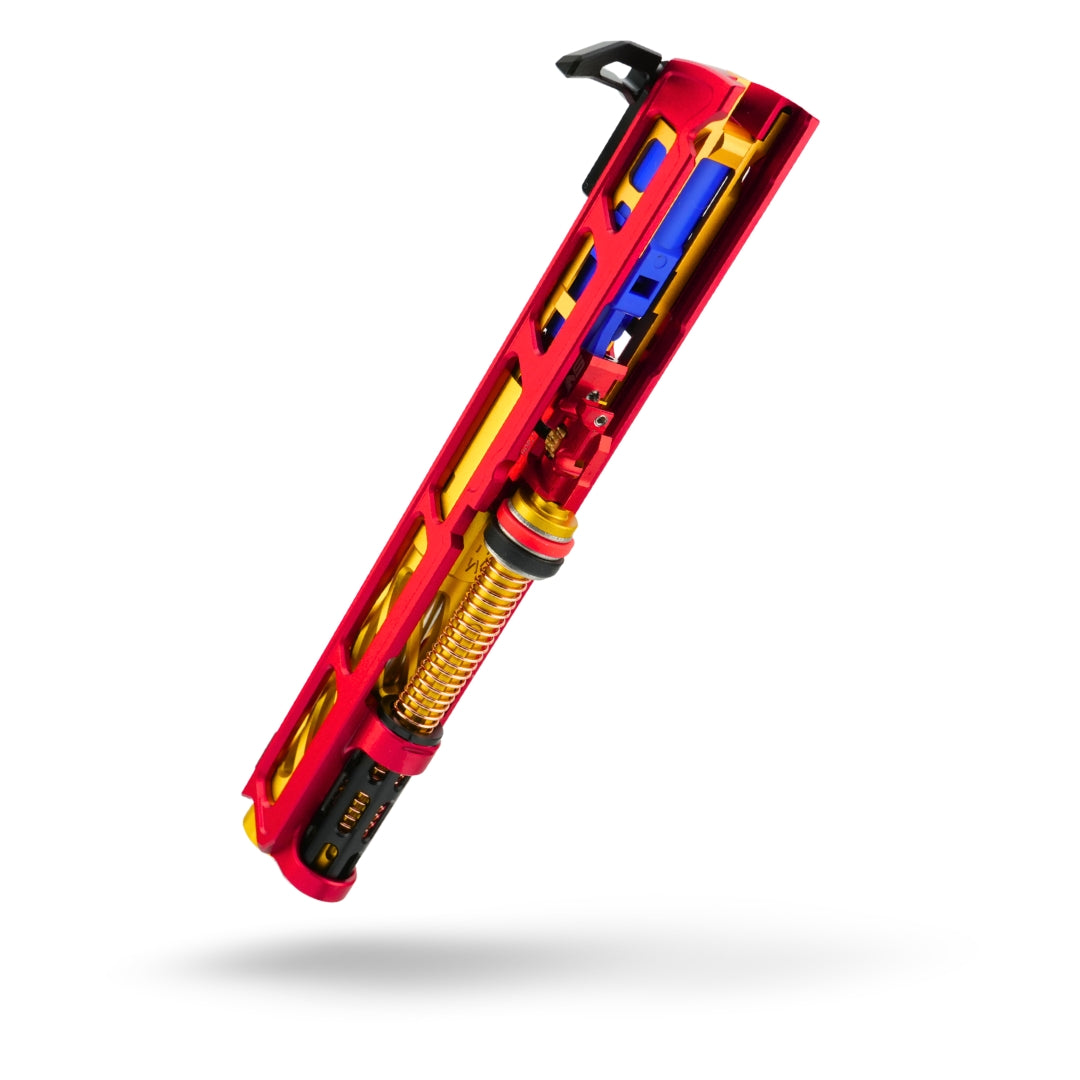 Red and gold custom airsoft hi capa pistol slide assembly with red and gold coloring, featuring a fiber optic front sight, and various upgraded custom tokyo marui components. fully upgraded custom tokyo marui hicapa pistol.