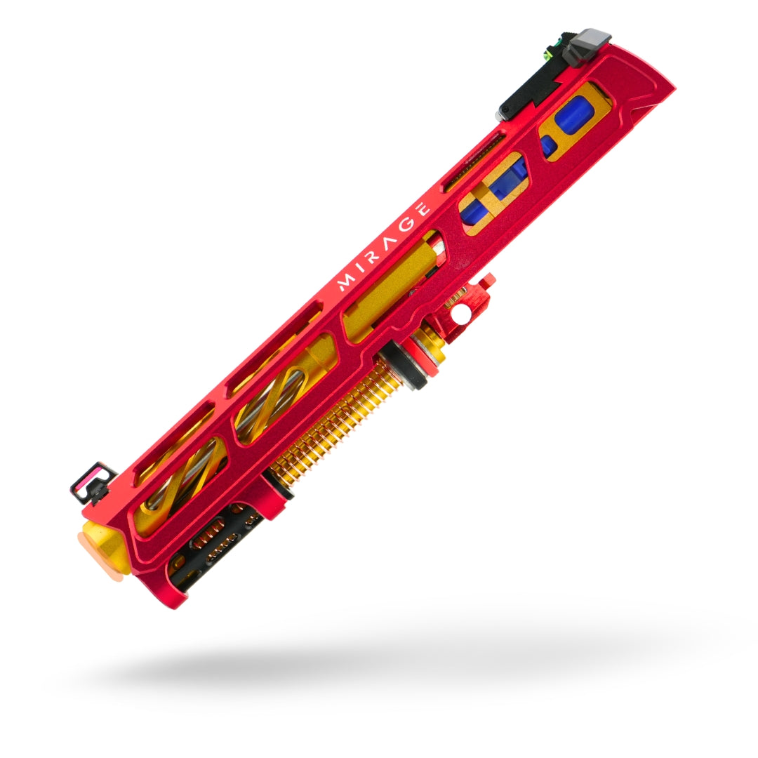 Red and gold custom airsoft hi capa pistol slide assembly with red and gold coloring, featuring a fiber optic front sight, and various upgraded custom tokyo marui components. short stroke kit and skeletonized spiral fluted outer barrel.