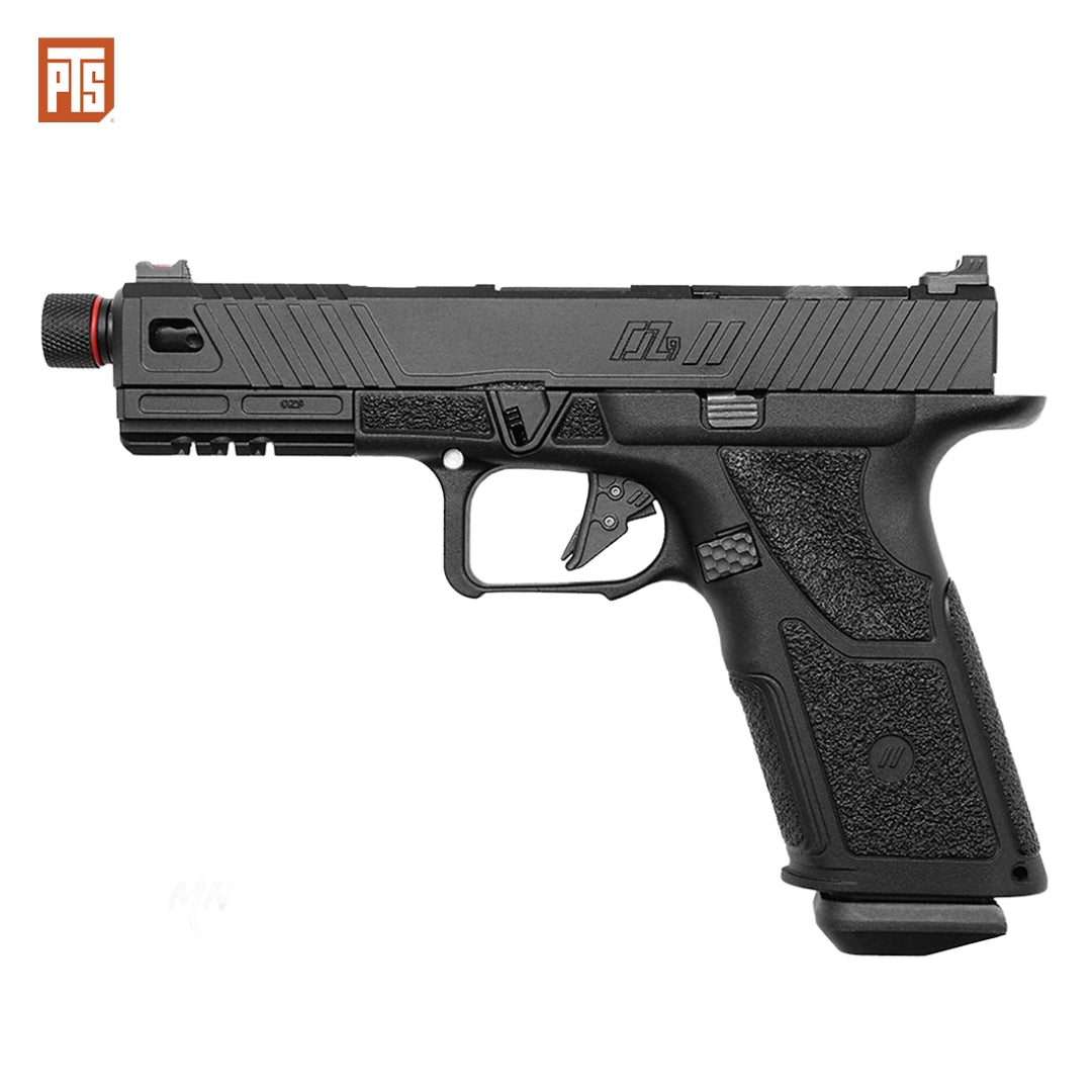 Gas blowback excellence: PTS ZEV OZ9 Standard features aerospace-grade aluminum, 11mm CW threaded outer barrel, and advanced trigger customization for precision gameplay. Left side angle.