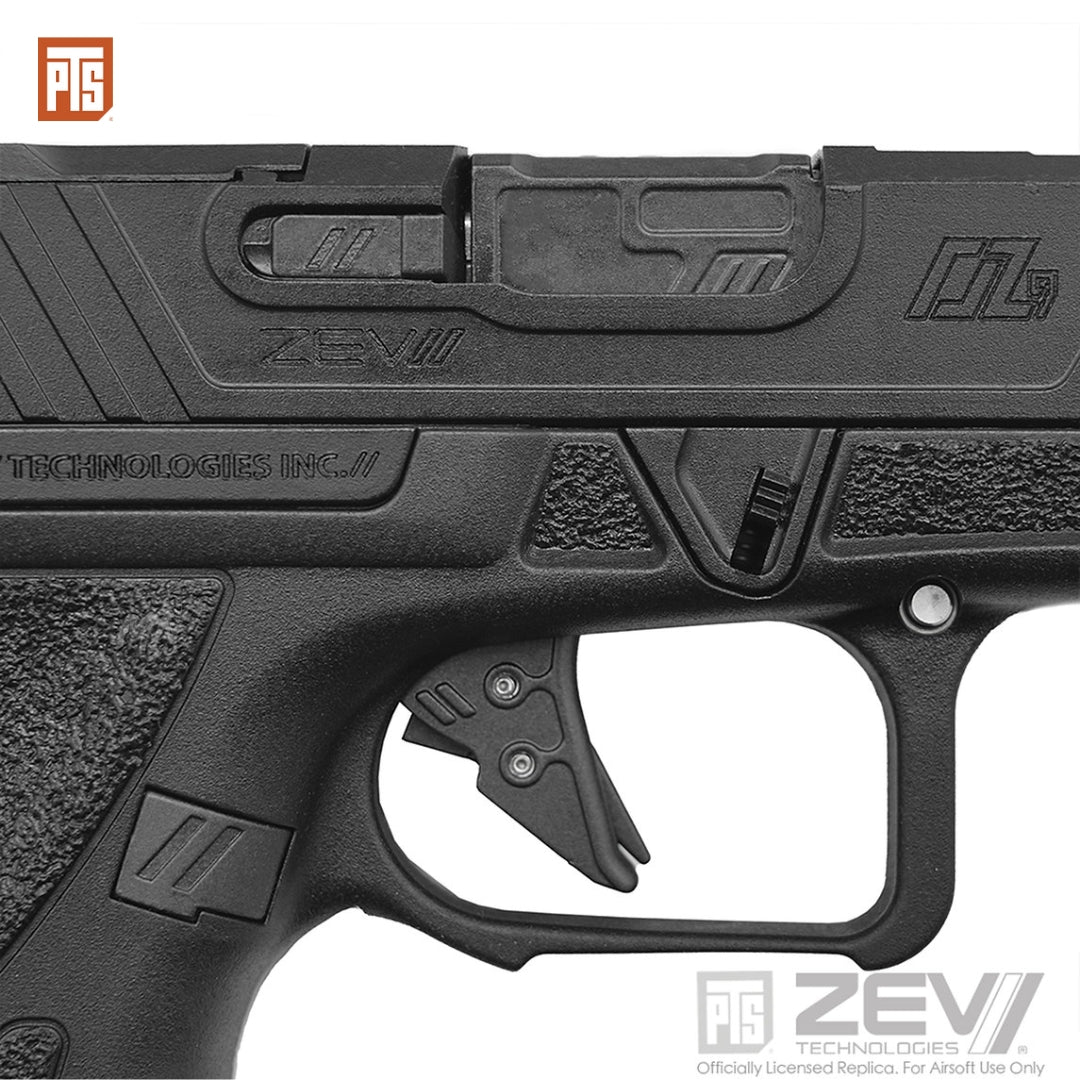 Technical superiority: PTS ZEV OZ9 Standard gas blowback pistol offers aerospace-grade aluminum, 11mm CW threaded outer barrel, and advanced trigger system for unmatched airsoft precision.
