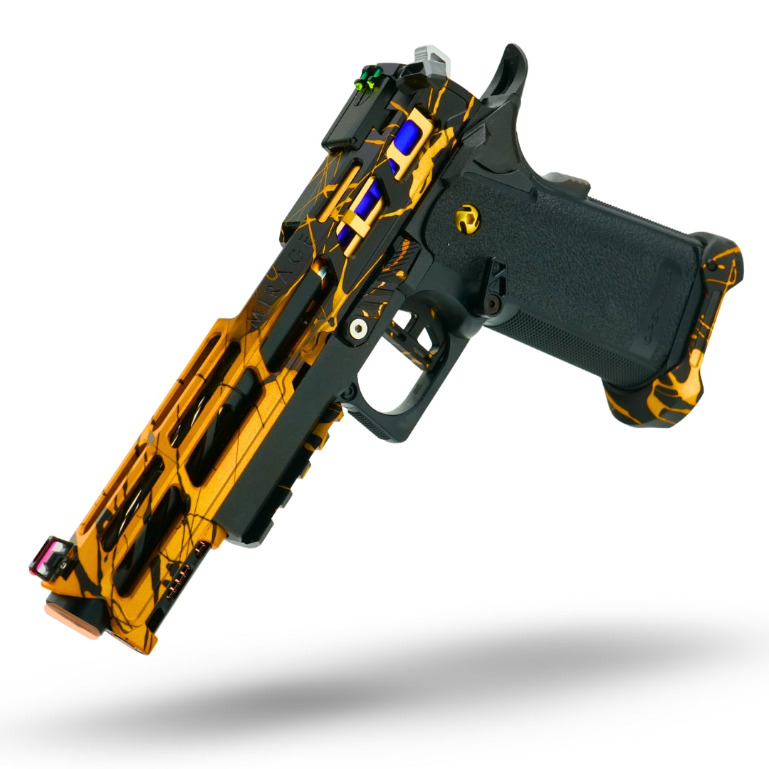 MNA upgraded Hi-Capa 5.1 airsoft pistol featuring custom anodized CNC slide, lightweight outer barrel, tactical magwell, high-flow gas valve, and tuned nozzle return spring — fully pre-built for speedsoft and IPSC players.