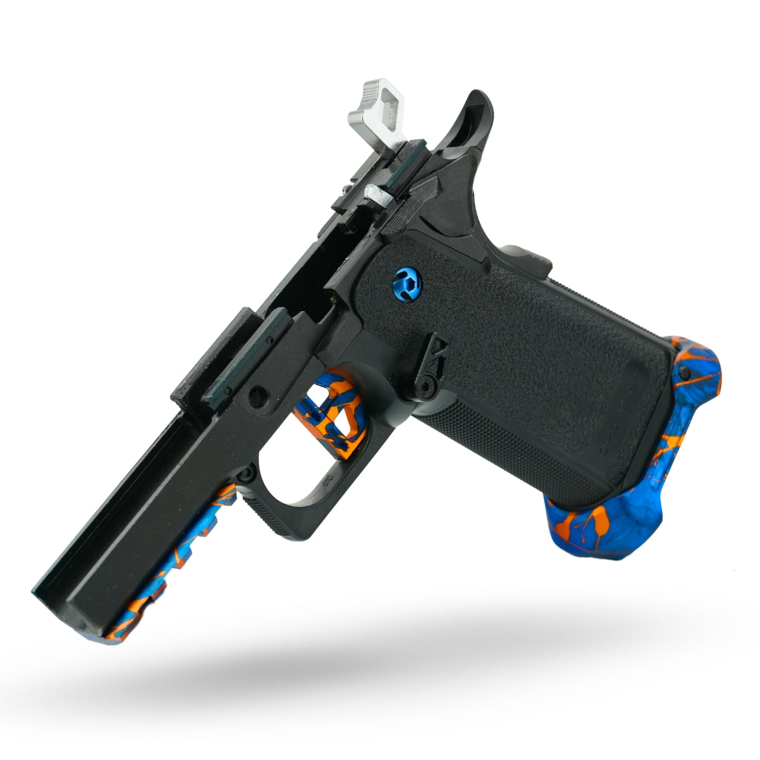 Tokyo Marui Hi-Capa custom gas blowback pistol, pre-built with upgraded slide, inner barrel, recoil system, and tactical grip for reliable airsoft gameplay.