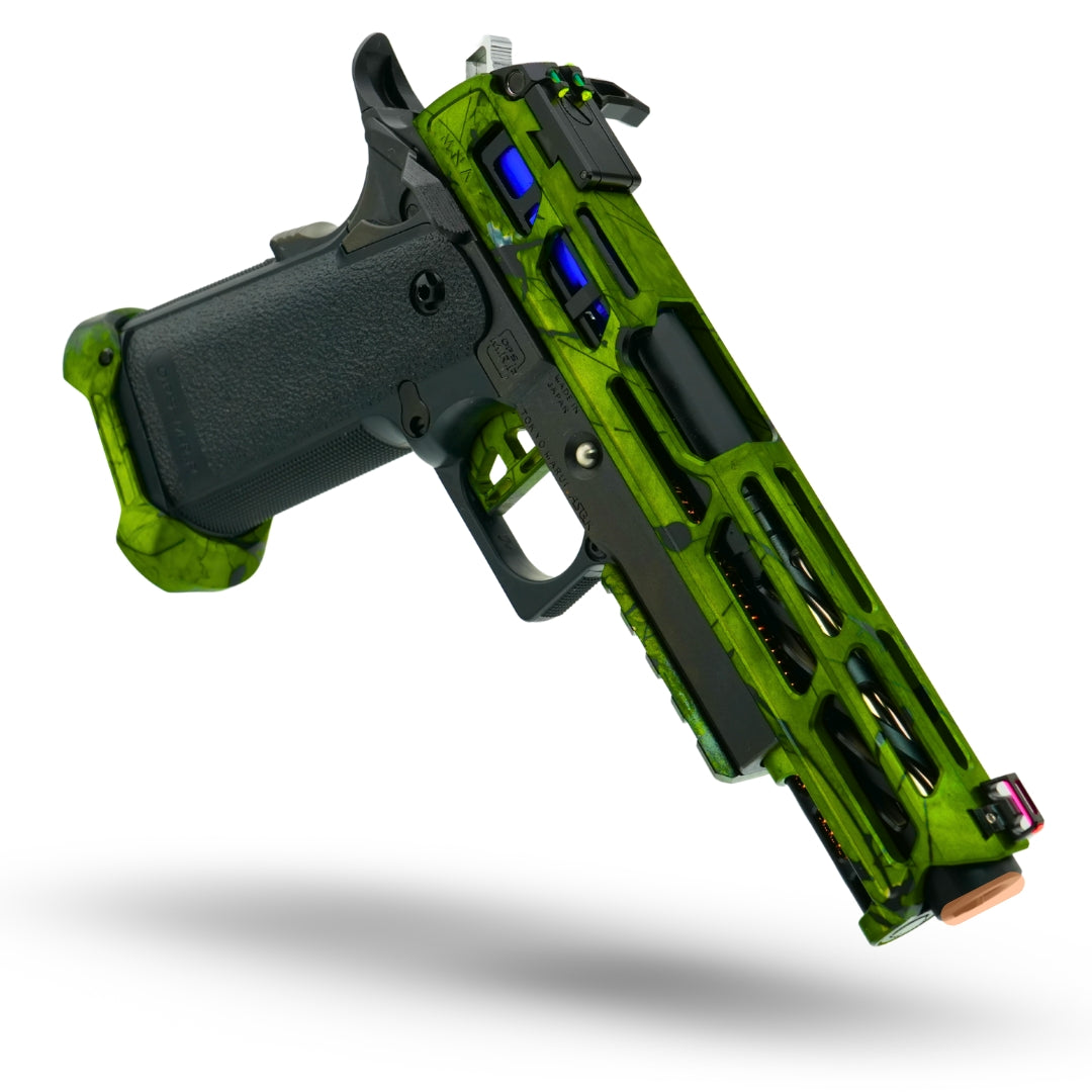 Custom built upgraded Tokyo Marui Hi-Capa 5.1 gas blowback airsoft pistol in blue, green, and gold with splatter anodized CNC aluminum slide, upgraded inner barrel, short stroke kit, and fully pre-built competition-ready parts by Minnesota Airsoft.
