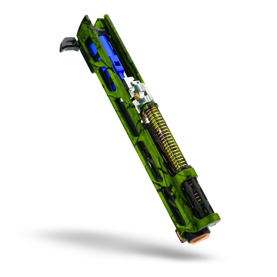 Custom anodized blue, green, and gold Tokyo Marui Hi-Capa 5.1 upgraded airsoft pistol by MNA, with CNC slide, match-grade inner barrel, upgraded nozzle return spring, tactical magwell, and complete pre-built high performance gas blowback handgun.