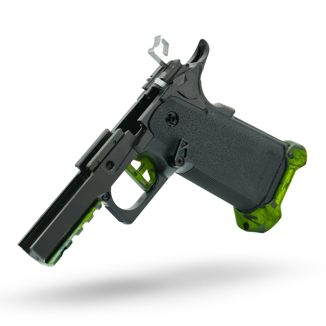 Upgraded Tokyo Marui Hi-Capa 5.1 gas blowback airsoft pistol with custom CNC aluminum slide, precision barrel, and enhanced recoil spring for competitive airsoft players.