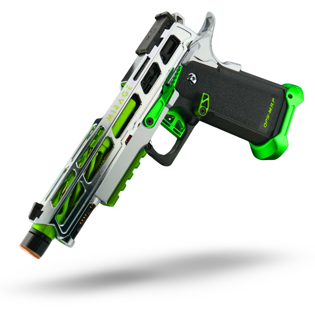 minnesota airsoft custom hicapa airsoft pistol MNA project Hydra neon green and silver custom build. 2026 new red and silver hi capa for tokyo marui upgrades. side view of aluminum CNC slide.