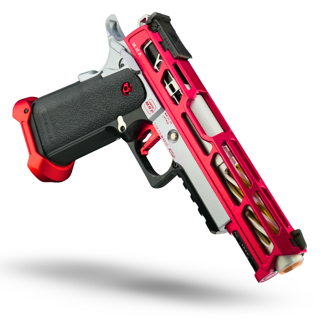 minnesota airsoft custom hicapa airsoft pistol MNA project Kratos red and silver custom build. 2026 new red and silver hi capa for tokyo marui upgrades.