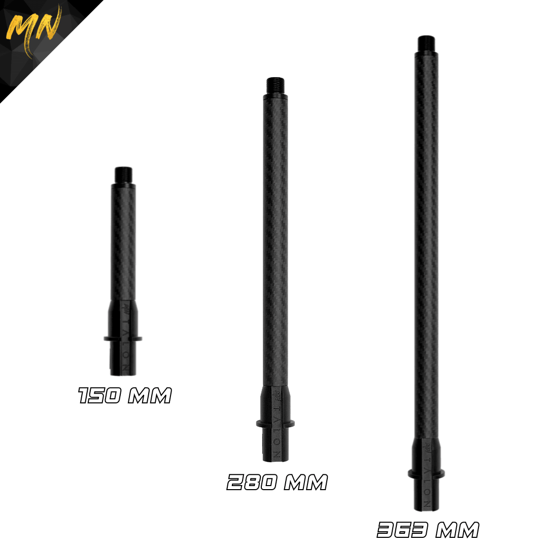 Minnesota Airsoft NEW M4 AEG carbon fiber outer barrel. Available in 150mm, 280mm, and 363mm lengths Crafted meticulously to boost accuracy, range, and overall maneuverability, this lightweight and durable barrel will revolutionize your airsoft gun. Designed specifically for Tokyo Marui spec M4 Airsoft AEG rifles, it perfectly complements your airsoft gun, offering unmatched performance and durability. The Talon carbon fiber airsoft M4 outer barrel is the best airsoft outer barrel in 2023!
