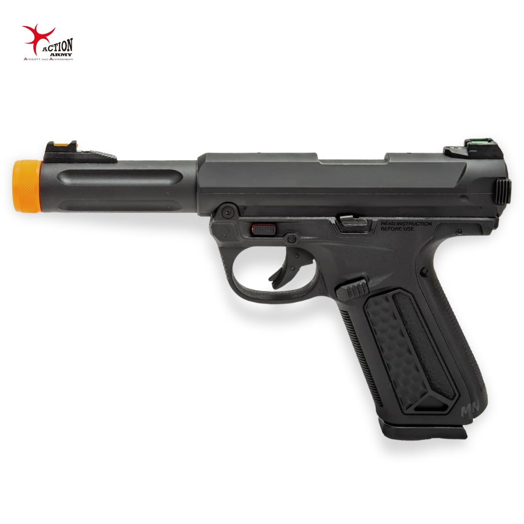 Action Army AAP-01 Gas Blowback Airsoft Pistol. Known for semi and full-auto modes, this budget-friendly pistol offers upgrade potential with a 22-round mag, polymer build, and green gas power at 320 FPS.