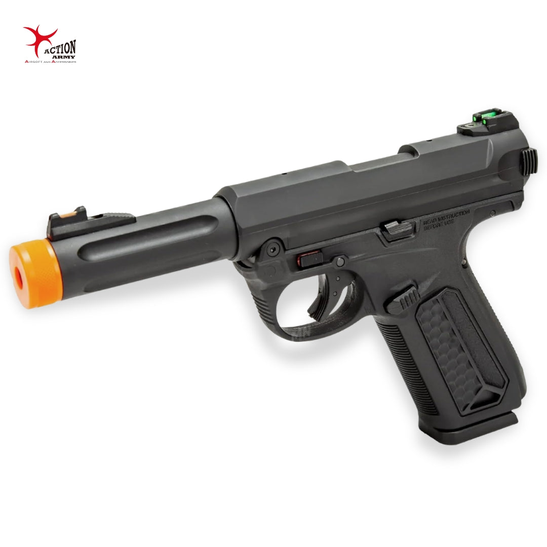 Action Army AAP-01 Gas Blowback Airsoft Pistol, featuring 320 FPS, 14mm CCW threads, and a 22-round green gas magazine. This semi/full-auto pistol is upgrade-ready and perfect for airsoft enthusiasts on a budget.