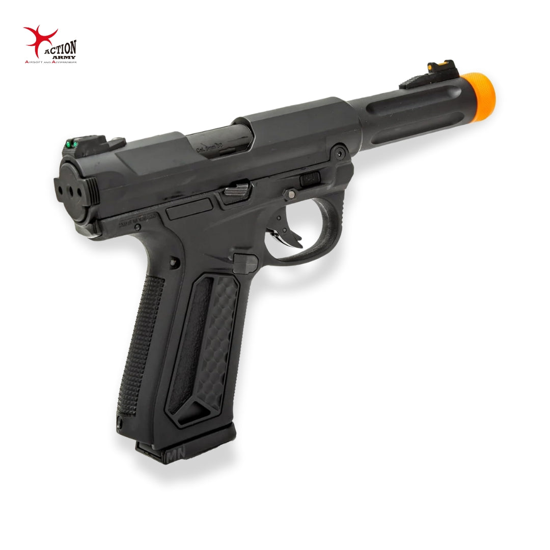 Action Army AAP-01 Gas Blowback Airsoft Pistol, ideal for upgrade enthusiasts. This semi/full-auto model has a 22-round green gas mag, 320 FPS power, and 14mm CCW threads for ultimate flexibility.