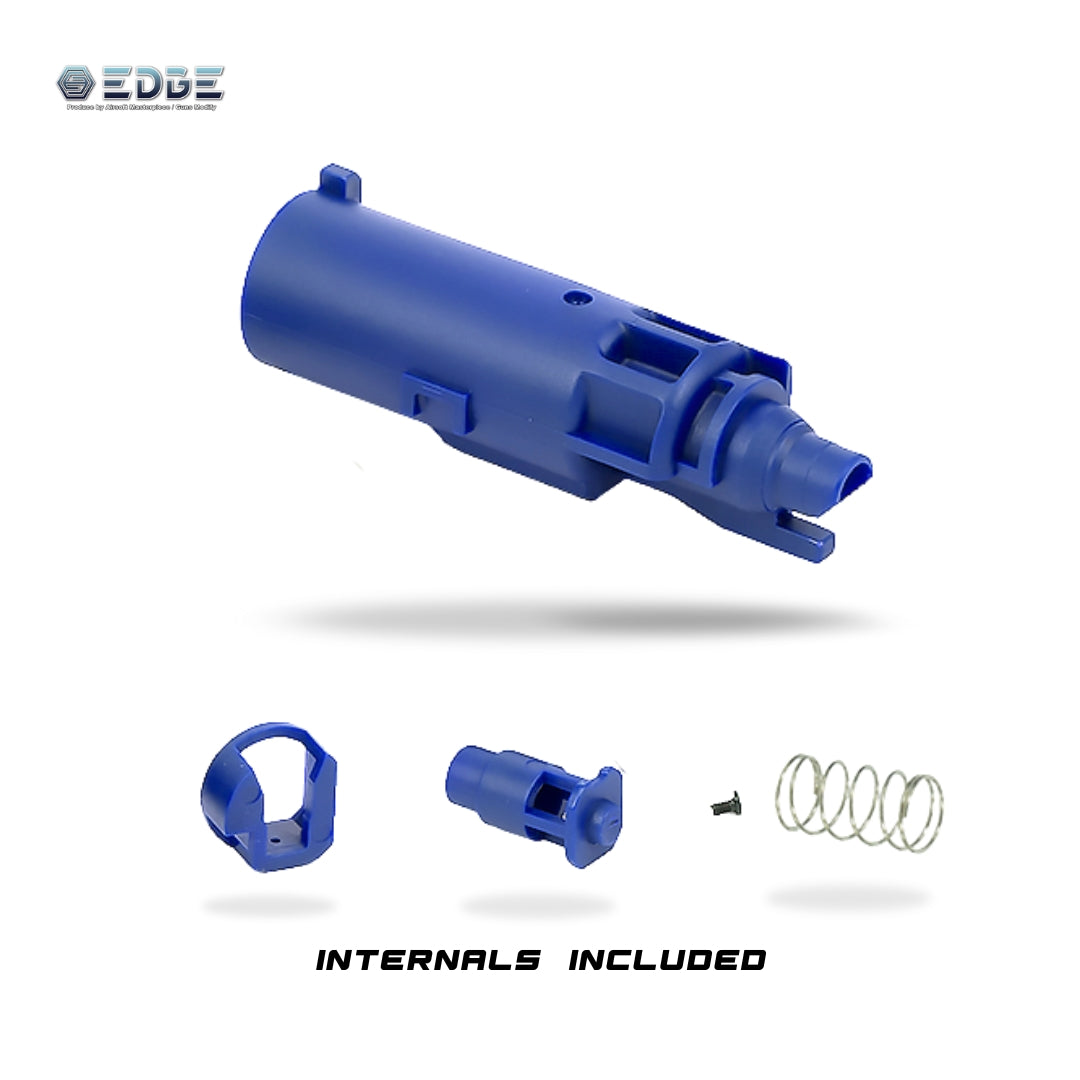 EDGE Airsoft reinforced upgraded Hi Capa nozzle for tokyo marui hi capa gas blowback airsoft pistol. Blue upgraded nozzle with internals for custom upgraded airsoft hicapa from EDGE or Airsoft masterpiece.