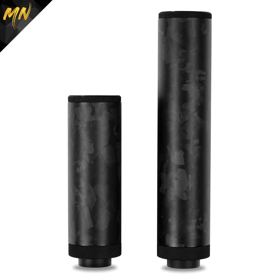 Minnesota Airsoft Gen 5 Phantom Carbon Fiber Airsoft Suppressor. This new upgraded carbon fiber airsoft suppressor, also known as an airsoft silencer, features real matte black carbon fiber, Forged Carbon Fiber, CNC T6 6061 aluminum, and acoustic-grade foam pre-installed. With red & black front end caps, a must-have for airsoft guns, offering improved sound reduction and making it the best upgrade for your airsoft gun in 2024! Forged Carbon Fiber