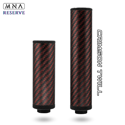 red and black twill carbon fiber airsoft mock suppressor or silencer called the Phantom from Minnesota airsoft or MNA. Red carbonfiber airsoft silencer carbon fiber red and black crimson reserve edition.