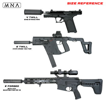 MNA Gen 6 Phantom airsoft suppressor for airsoft guns. Pistol, Kriss Vector, and BCM AR-15 AEG comparison. Forged and twill carbon fiber irsoft mock suppressors for Gen 6 Phantom.