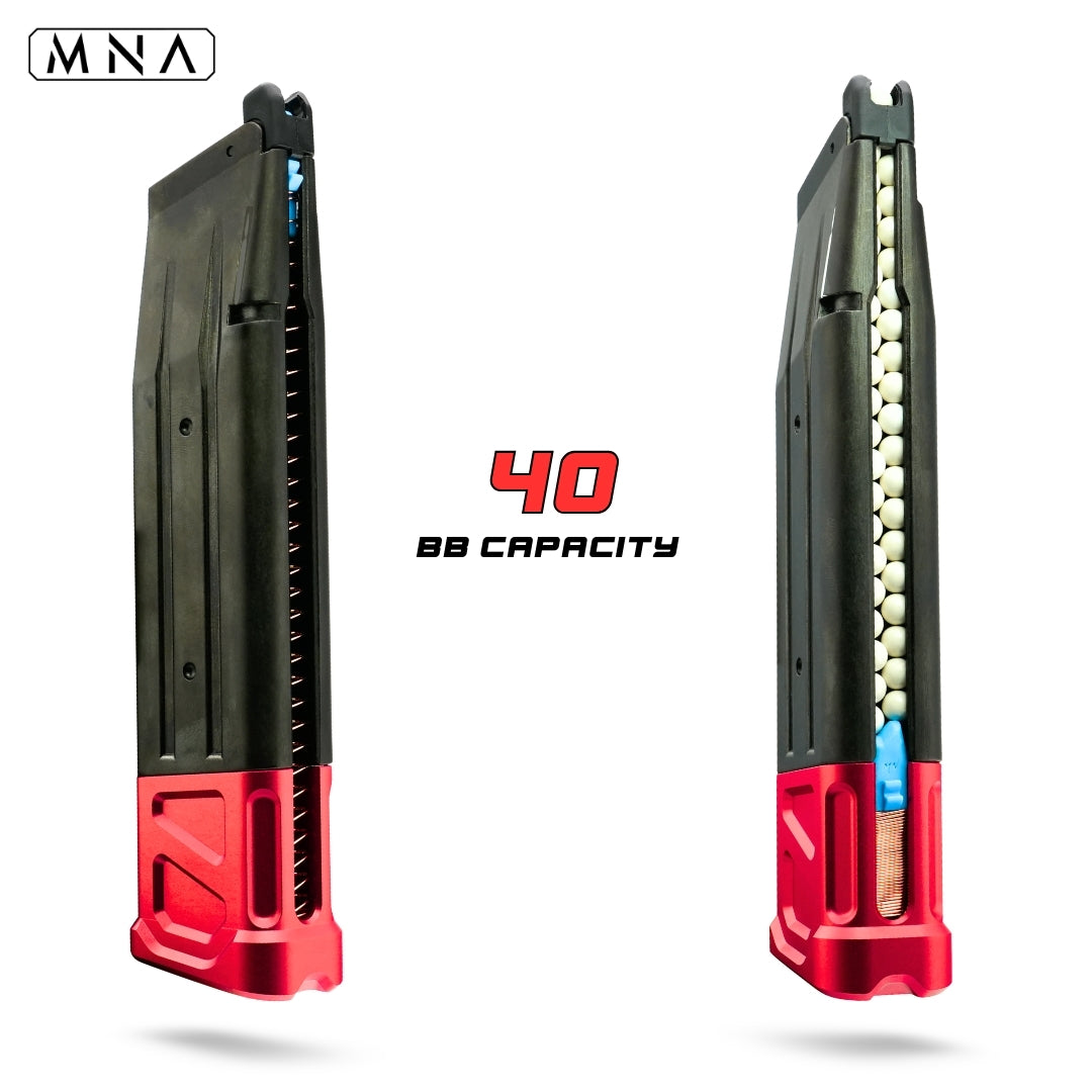 Hi Capa magazine extension in red, blue, green, gold, black, rainbow, purple. Custom upgraded hi capa magazine extension for tokyo marui gas blowback airsoft pistol. Best upgrade for magazine in 2025 for custom upgraded hicapa. 40rd full mag.