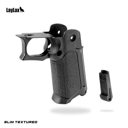 Laylax Nineball slim stippled hi capa grip for tokyo marui custom upgraded airsoft pistols. Airsoft hi capa grip skeletonized nineball for hi capa gas blowback airsoft pistols.