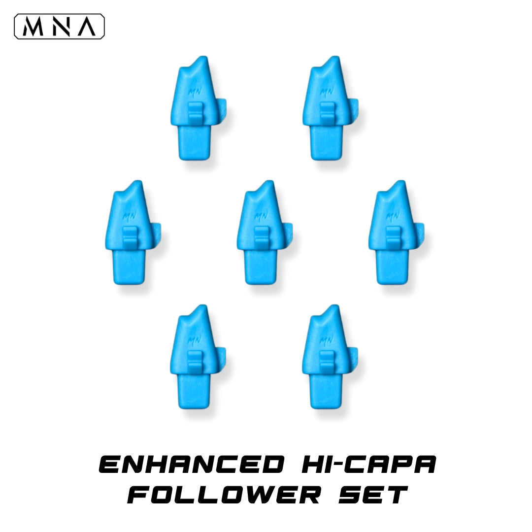 MNA enhanced hi capa 5.1 airsoft magazine follower set. Upgraded replacement set of hi capa tokyo marui hicapa airsoft pistol followers bb guide. Blue upgraded custom hi capa magazine followers for increased capacity in airsoft.