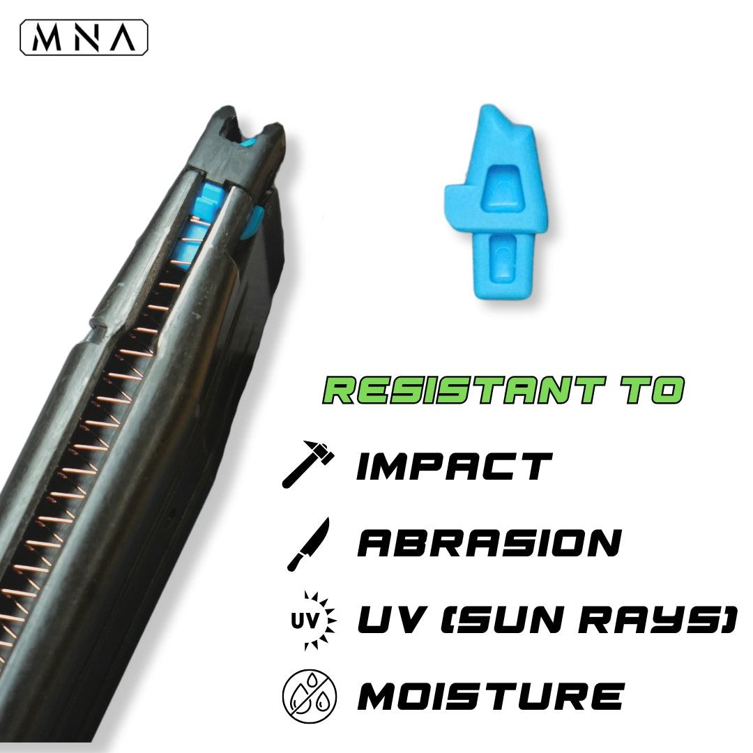 MNA enhanced hi capa 5.1 airsoft magazine follower set. Upgraded replacement set of hi capa tokyo marui hicapa airsoft pistol followers bb guide. Blue upgraded custom hi capa magazine followers for increased capacity in airsoft. Resistant to impact, abrasion, UV, and moisture.