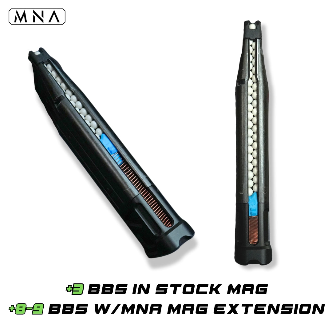 MNA enhanced hi capa 5.1 airsoft magazine follower set. Upgraded replacement set of hi capa tokyo marui hicapa airsoft pistol followers bb guide. Blue upgraded custom hi capa magazine followers for increased capacity in airsoft. Adds 3-5 more bbs in stock hi capa mag and 8-9 more bbs with MNA enhanced magazine extension.