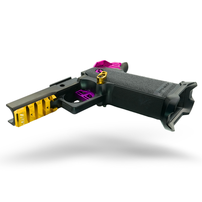 Glossy gold and purple upgraded hi capa grip with bottom frame rail and trigger and magazine release.