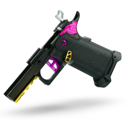 custom upgraded tokyo marui hi capa grip and frame with gold and purple upgrades.