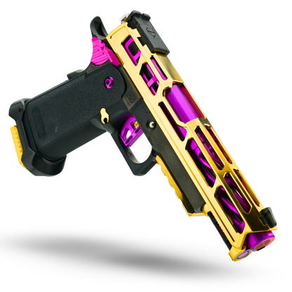 Glossy gold and purple upgraded custom hi capa pistol for airsoft.