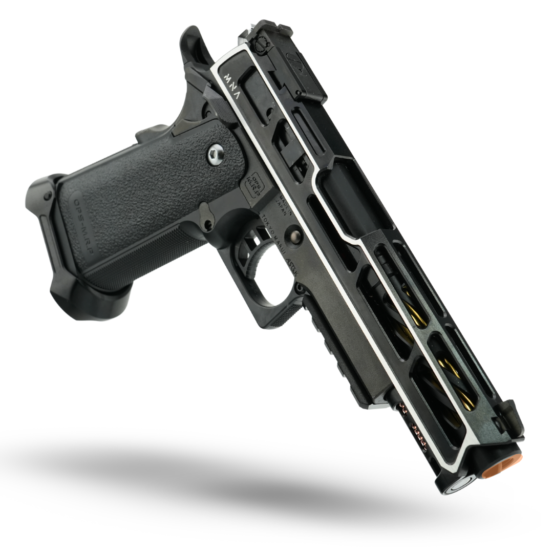 Black and silver custom Tokyo Marui Hi-Capa 5.1 gas blowback pistol by MNA with CNC slide and full performance upgrades.